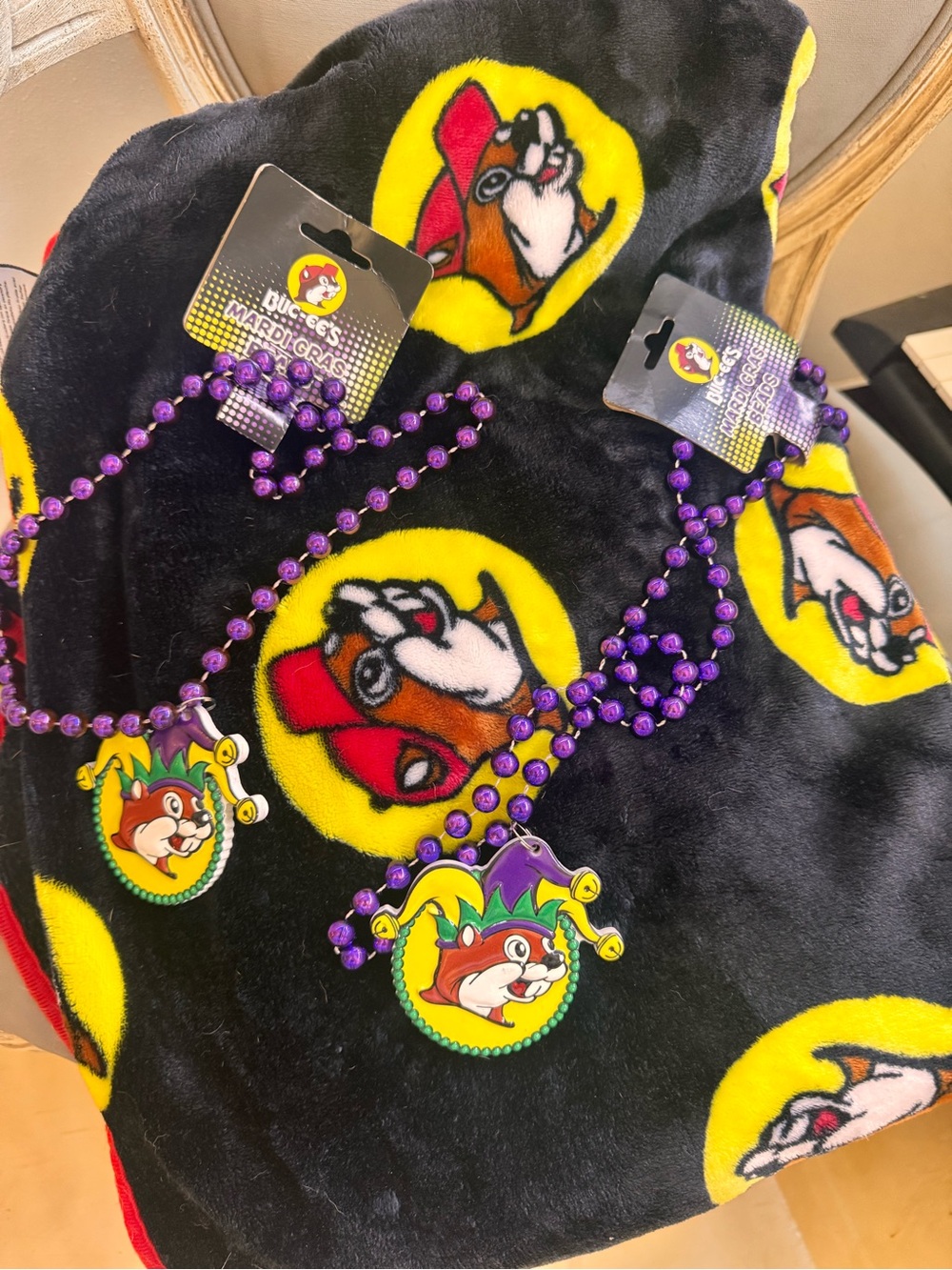 Buc-Ees Throw Blanket and Mardi Gras Beads